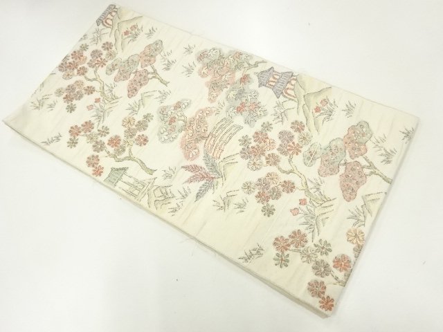 JAPANESE KIMONO / UNUSED NAGOYA OBI / TSUMUGI / WOVEN TEMPLE SCENERY 